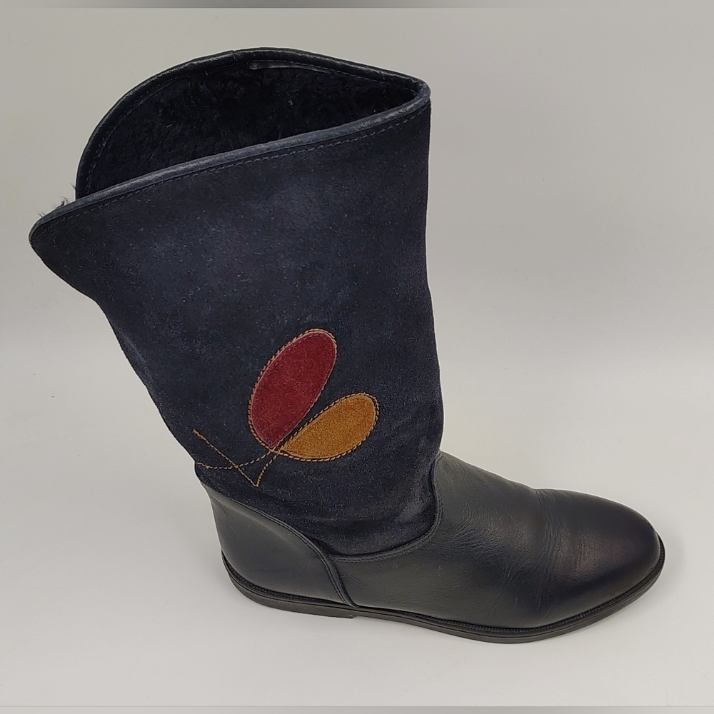 Navy Black Leather Suede Winter Women's Boots Sz 36 w/ Appique - Picture 4 of 15